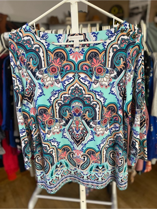 Charter Club Tops - Charter Club Turquoise Paisley Scoop-Neck Long Sleeve Top